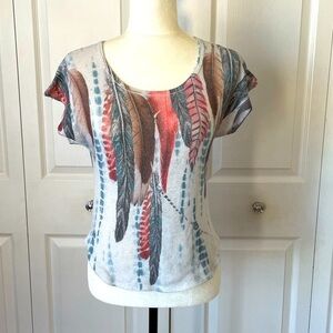 Native Feather All Over Print Loose Knit Top Womens Medium Love J White USA